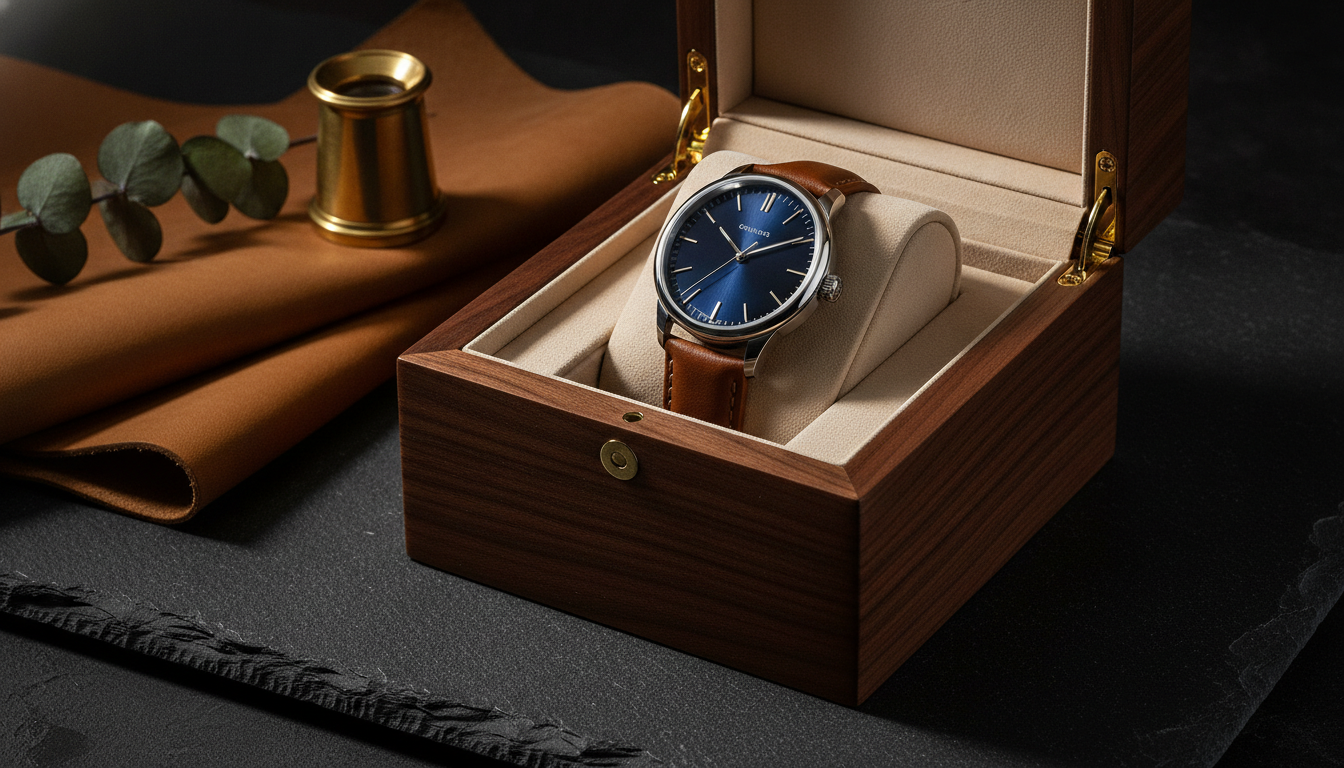 Remontoir en bois de noyer avec une montre automatique de luxe à cadran bleu et bracelet cuir cognac