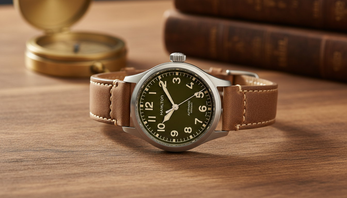 Hamilton Khaki Field automatique cadran vert militaire sur bureau bois, montre automatique moins de 1000 euros