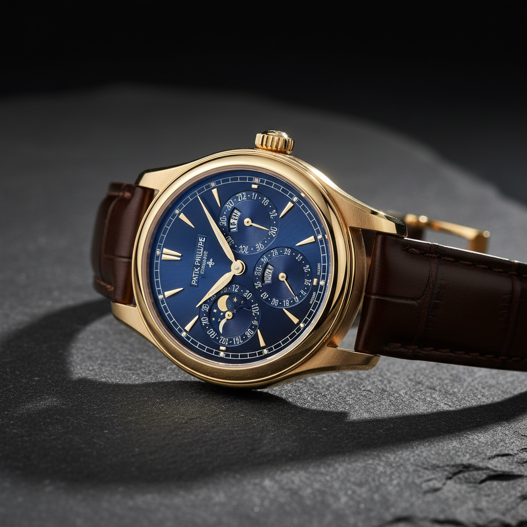 Montre complications dorées sur ardoise, photographie produit horlogerie Image