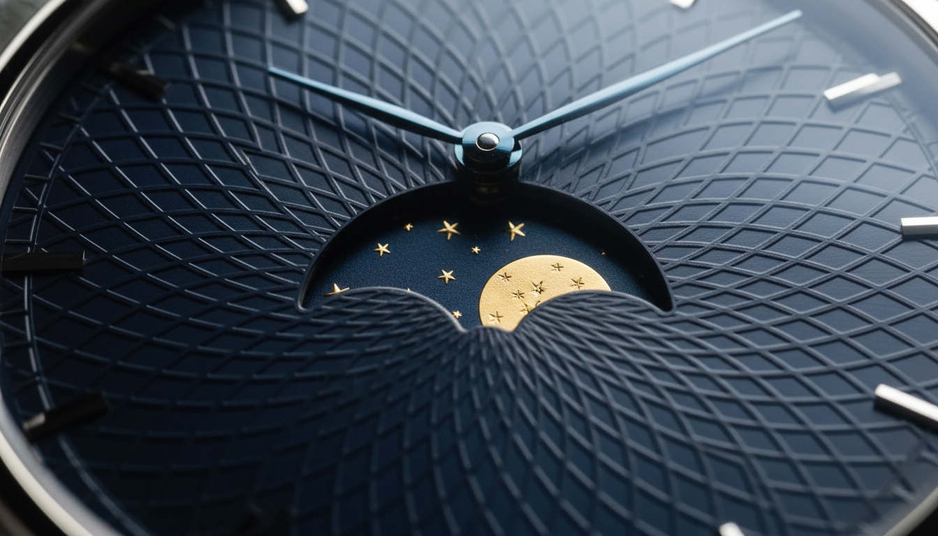 Cadran bleu nuit avec complication phase de lune, disque lunaire doré étoiles, montre automatique Image