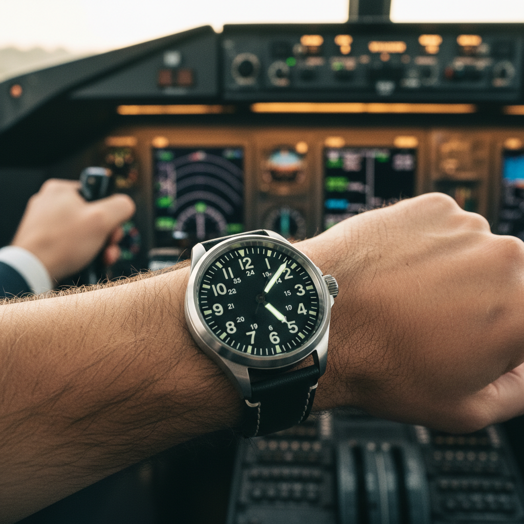 Pilote dans cockpit, montre cadran noir au poignet, montre d'aviateur Image