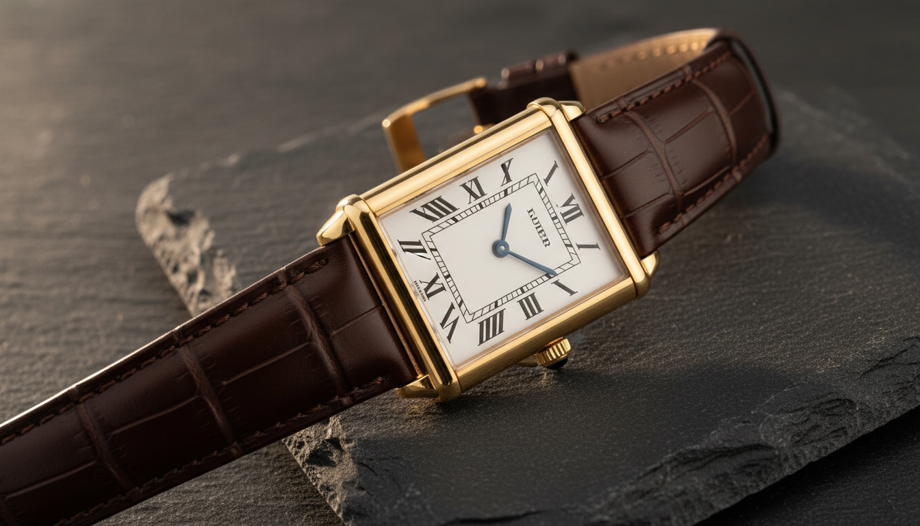 Montre rectangulaire style Cartier Tank sur fond ardoise, cadran blanc index romains dorés Image