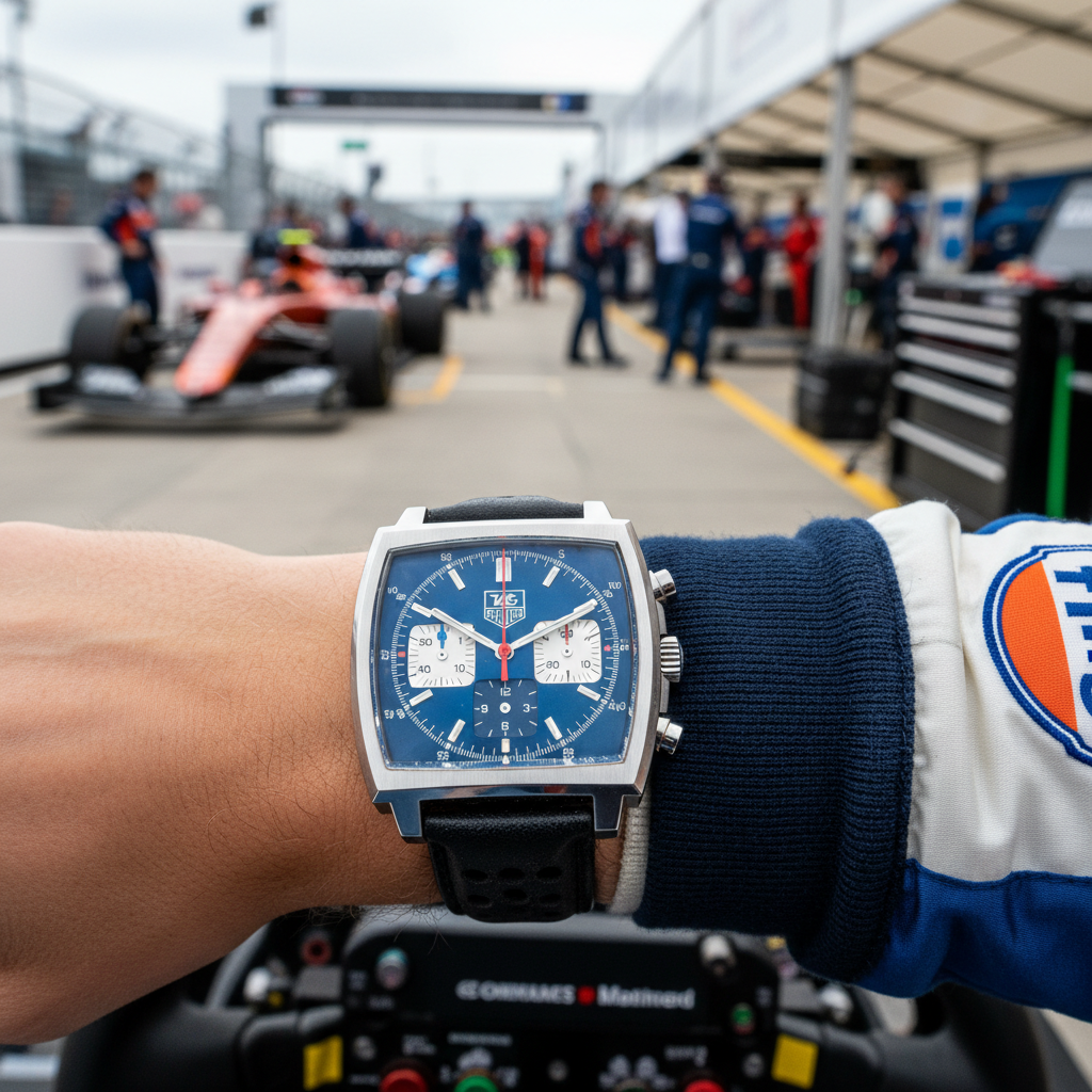 Montre TAG Heuer Monaco chronographe carrée au poignet d'un pilote dans le paddock Formula 1