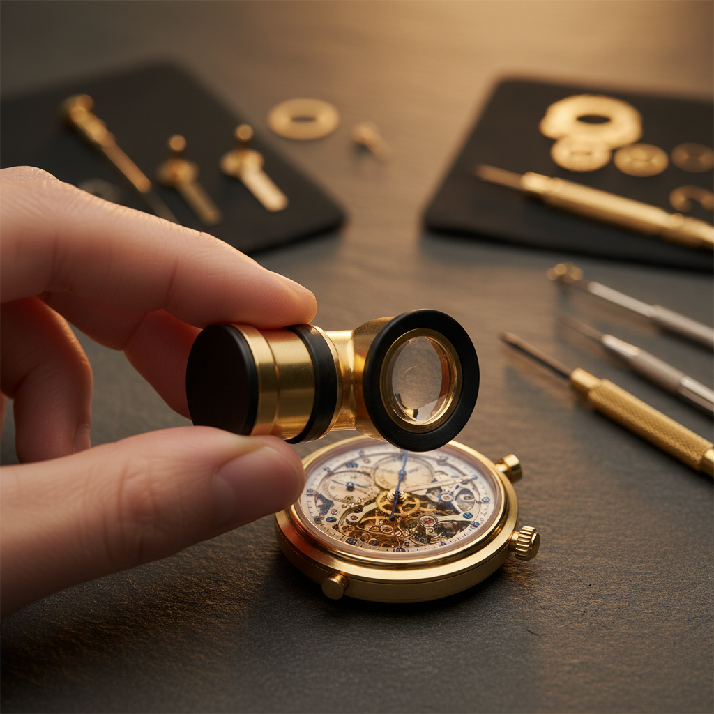 Main qui tient une montre avec loupe d'horloger devant un atelier, expertise horlogère artisan Image