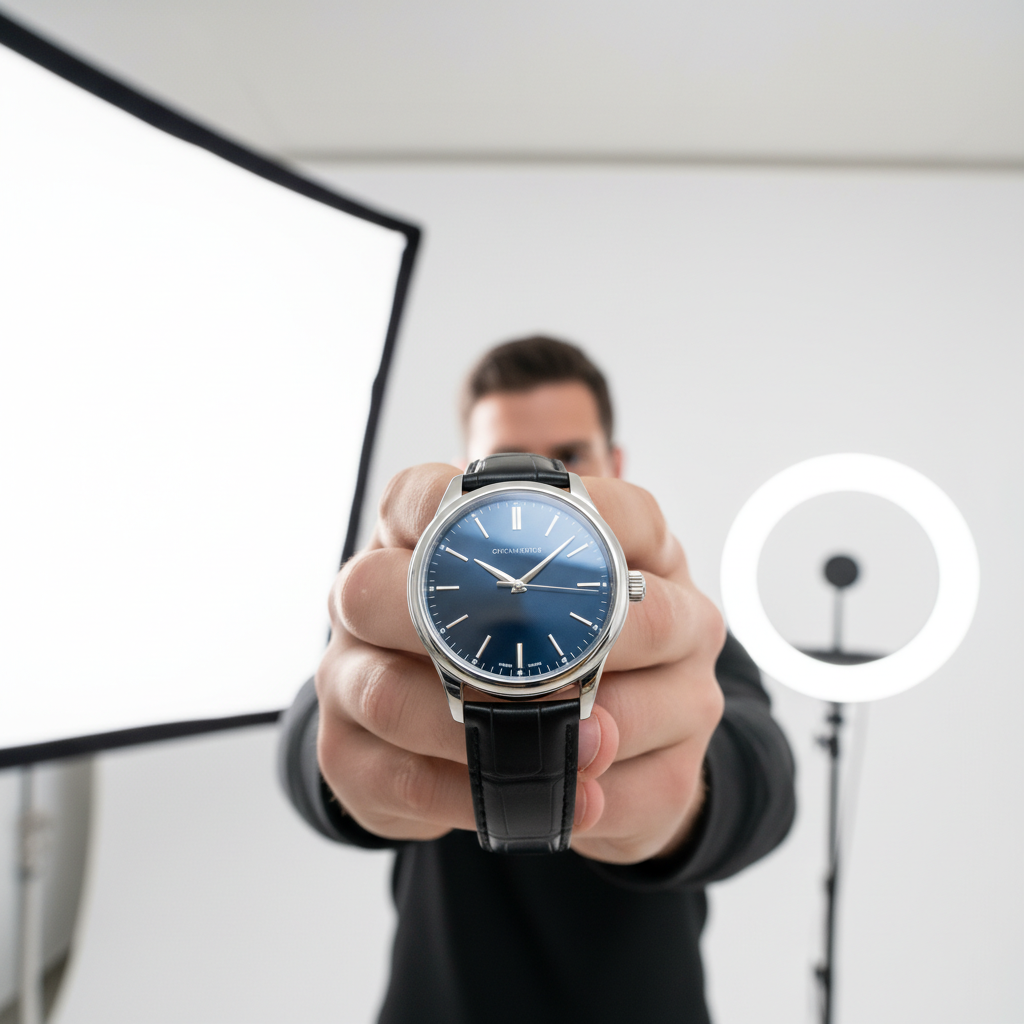 YouTubeur devant caméra présentant une montre Rolex Daytona, setup studio home cinéma horlogerie Image