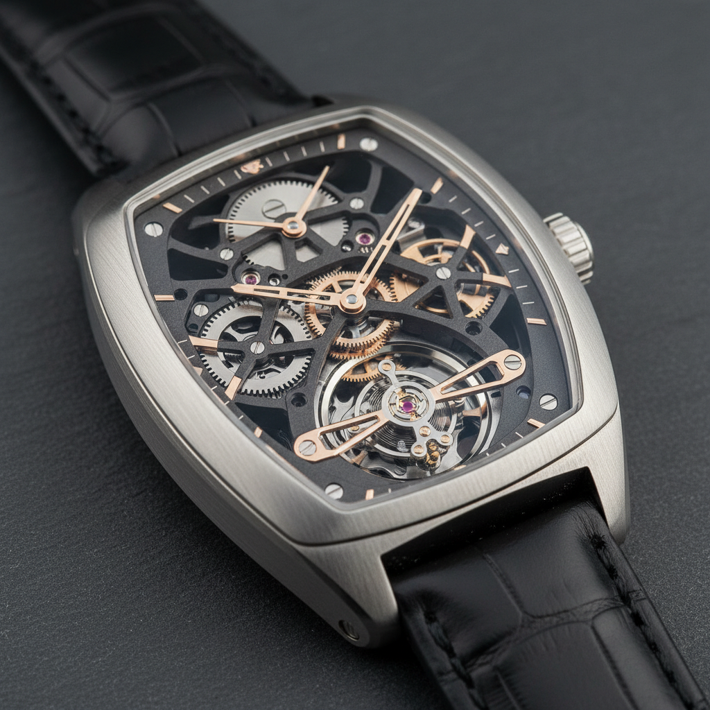 Montre tourbillon squelettée Richard Mille, boîtier tonneau titane, fond saphir, sur ardoise