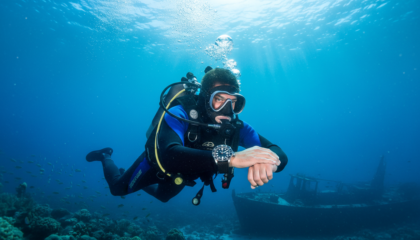Plongeur professionnel sous l'eau consultant sa montre de plongée ISO 6425, eau bleue Méditerranée