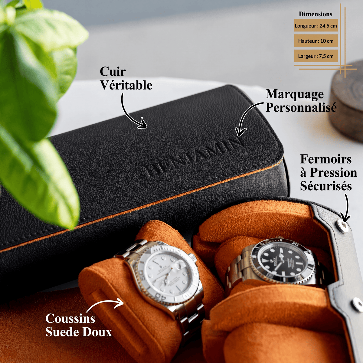 Étui à montres en velours noir profond, modèle Schaffhouse