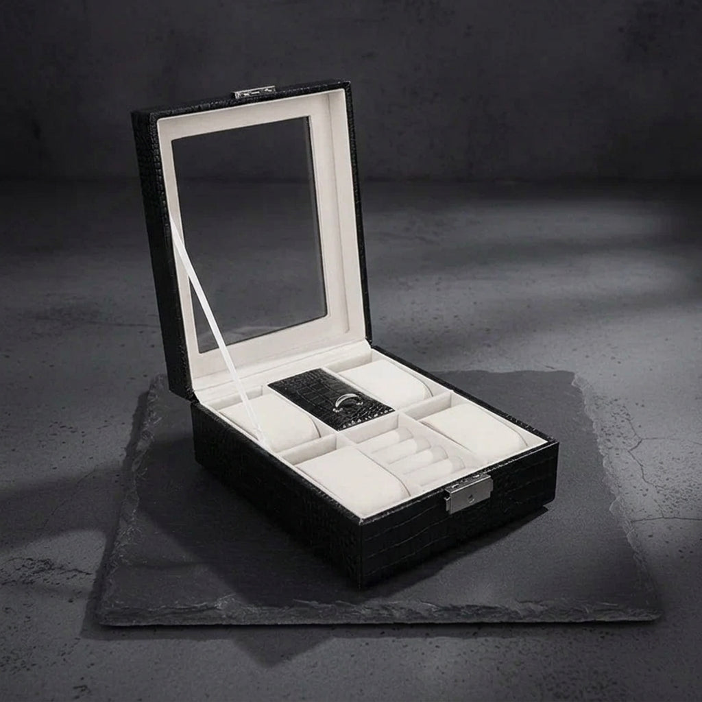 Coffret montre cuir noir motif croco 4 slots - rangement montres, en cuir | Boites Lefiguet