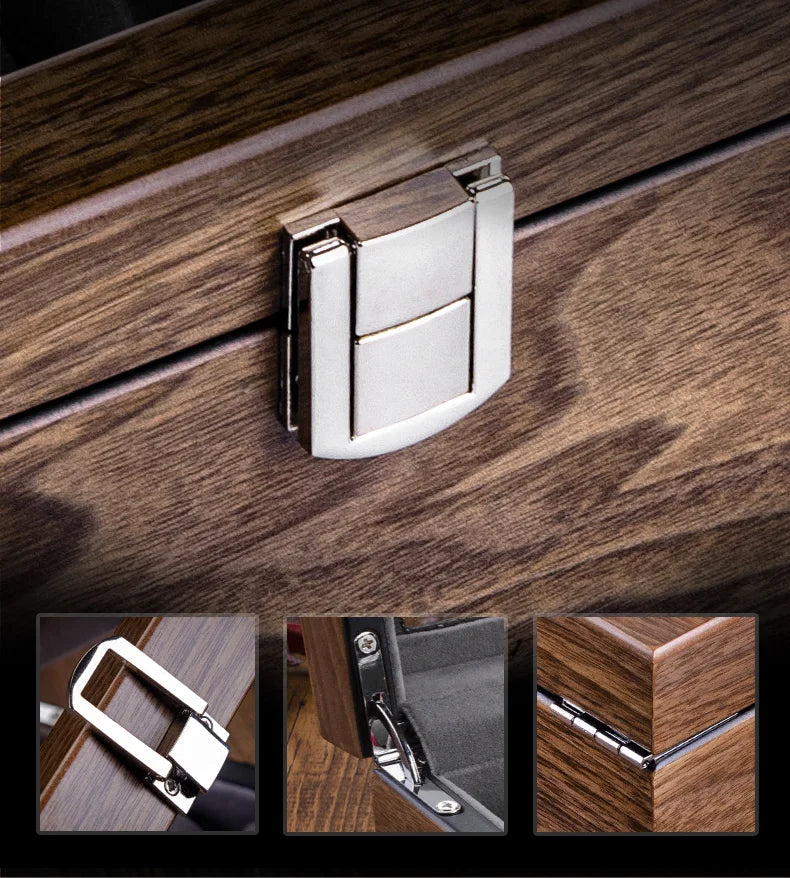 Une charnière d'armoire moderne en acier inoxydable montée sur une boîte à montres Boite 8 Montres Bois de Boites Lefiguet, avec des images en médaillon montrant diverses vues et utilisations de la charnière.