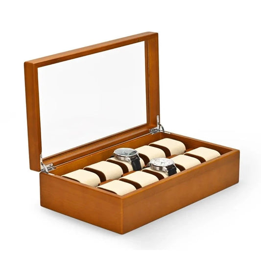 Boîte à bijoux en bois ouverte avec miroir dans le couvercle, affichant le Coffret 10 Montres Boites Lefiguet sur des rouleaux rembourrés.