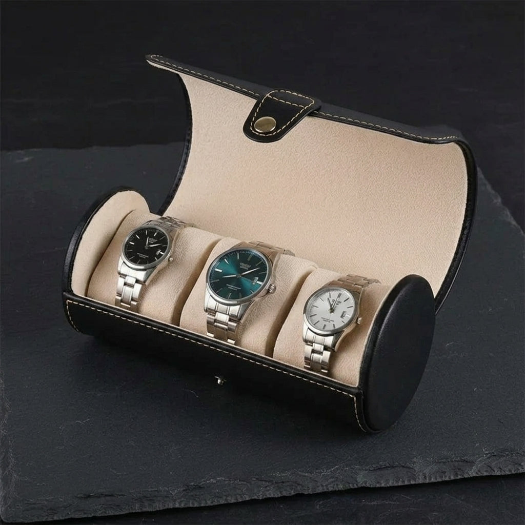 Etui montre cylindrique en cuir noir 3 slots - rangement montres, en cuir | Boites Lefiguet