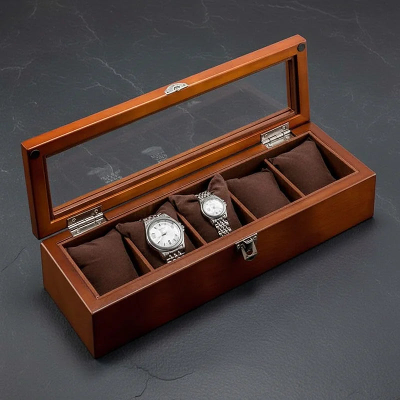 Boite a Montre Bois premium marron 5 Slots - rangement montres, en bois, luxe | Boites Lefiguet
