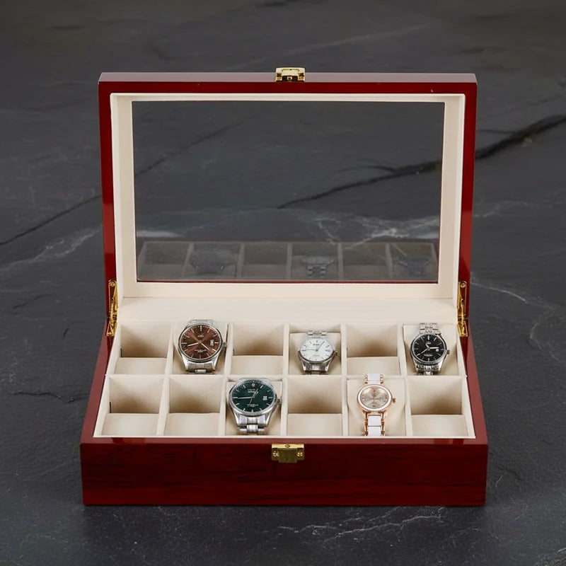 Boite a Montre Bois rouge 12 slots - rangement montres, en bois | Boites Lefiguet