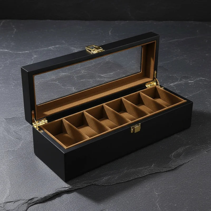 Boite a Montre en Bois Intérieur Daim 6 slots - rangement montres, en bois | Boites Lefiguet