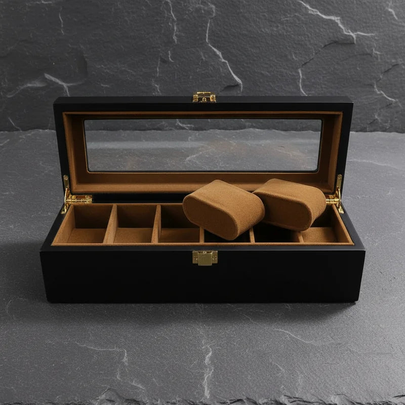 Boite a Montre en Bois Intérieur Daim 6 slots - rangement montres, en bois | Boites Lefiguet