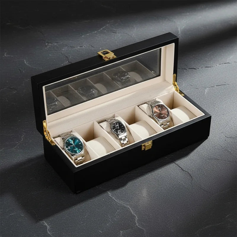 Boite a Montre en Bois Noir 6 slots - rangement montres, en bois | Boites Lefiguet