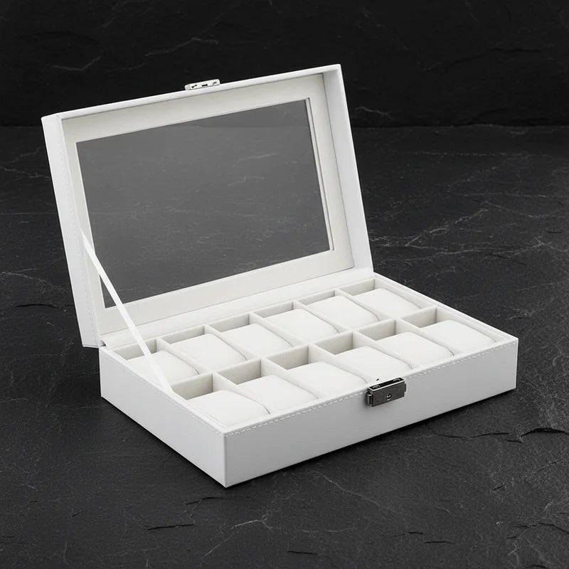 Boite a montre simili cuir blanc 12 slots - rangement montres, en cuir | Boites Lefiguet