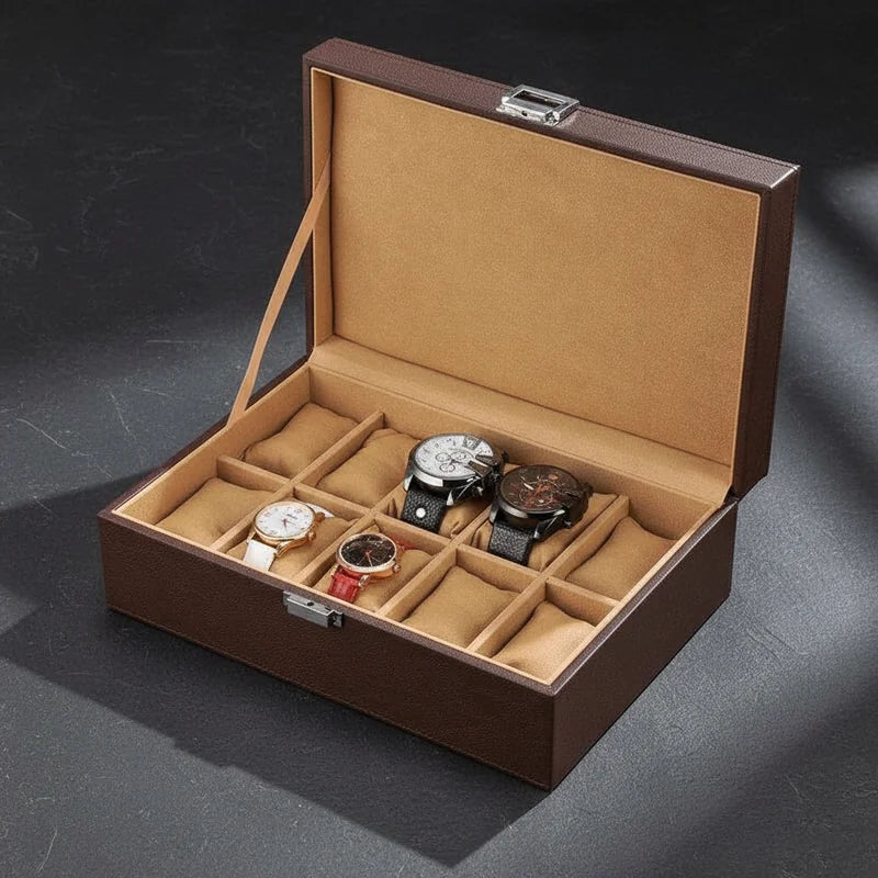 Boite a montre simili cuir marron luxe 10 Slots - rangement montres, en cuir, luxe | Boites Lefiguet