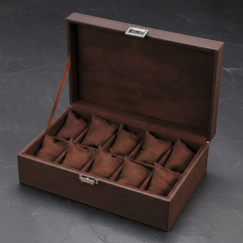 Boite a montre simili cuir marron luxe 10 Slots - rangement montres, en cuir, luxe | Boites Lefiguet