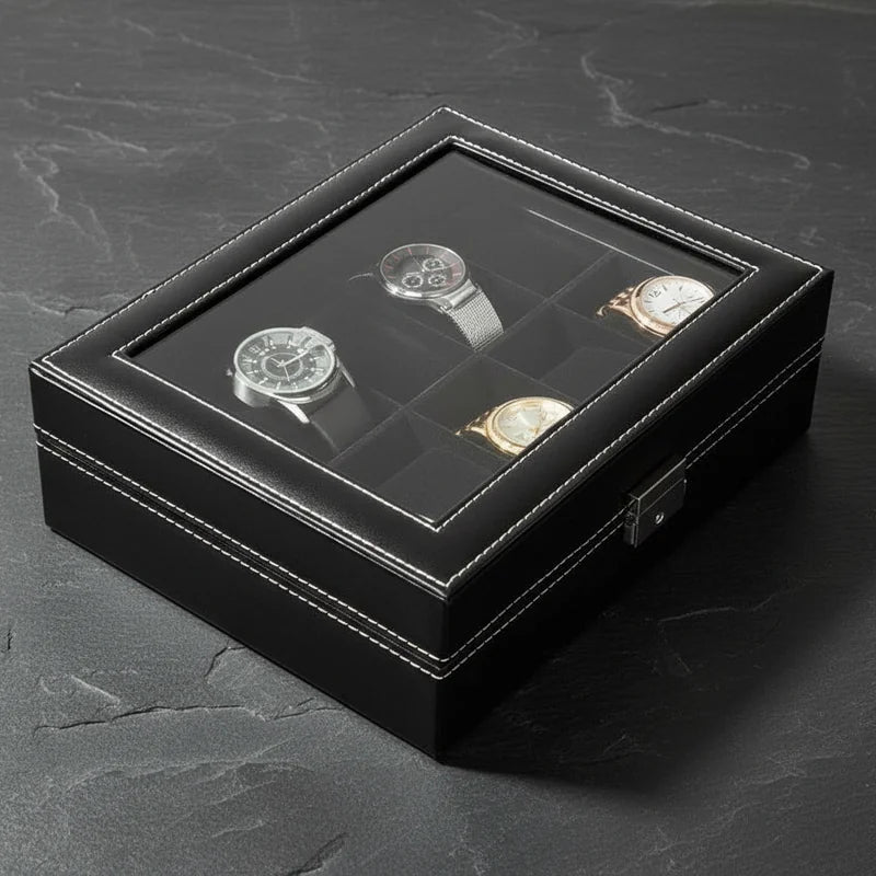 Boîte à Montre Simili Cuir Noir 10 Slots - rangement montres, en cuir | Boites Lefiguet