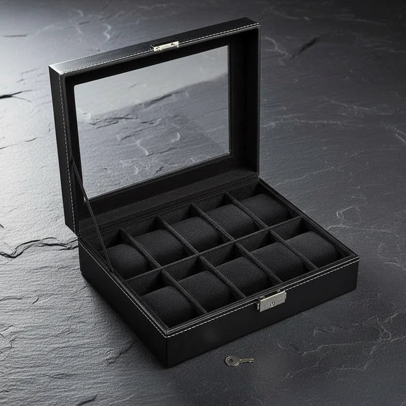 Boîte à Montre Simili Cuir Noir 10 Slots - rangement montres, en cuir | Boites Lefiguet