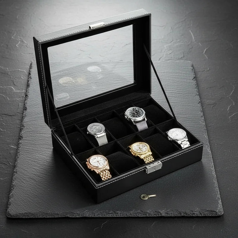Boîte à Montre Simili Cuir Noir 10 Slots - rangement montres, en cuir | Boites Lefiguet