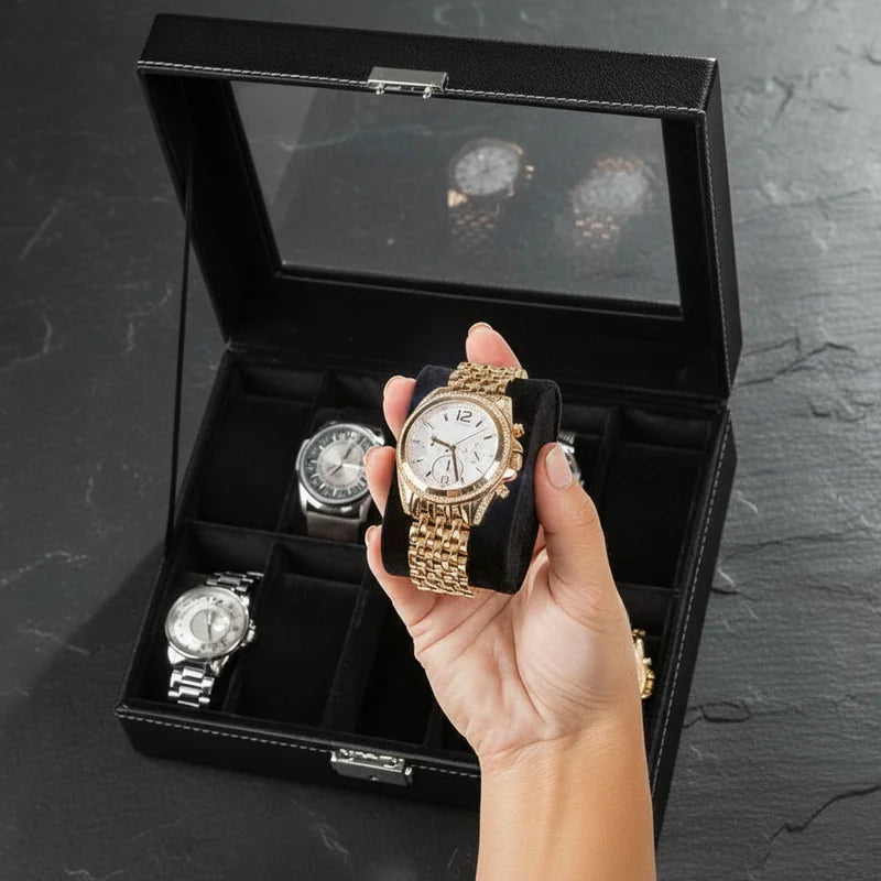 Boîte à Montre Simili Cuir Noir 10 Slots - rangement montres, en cuir | Boites Lefiguet