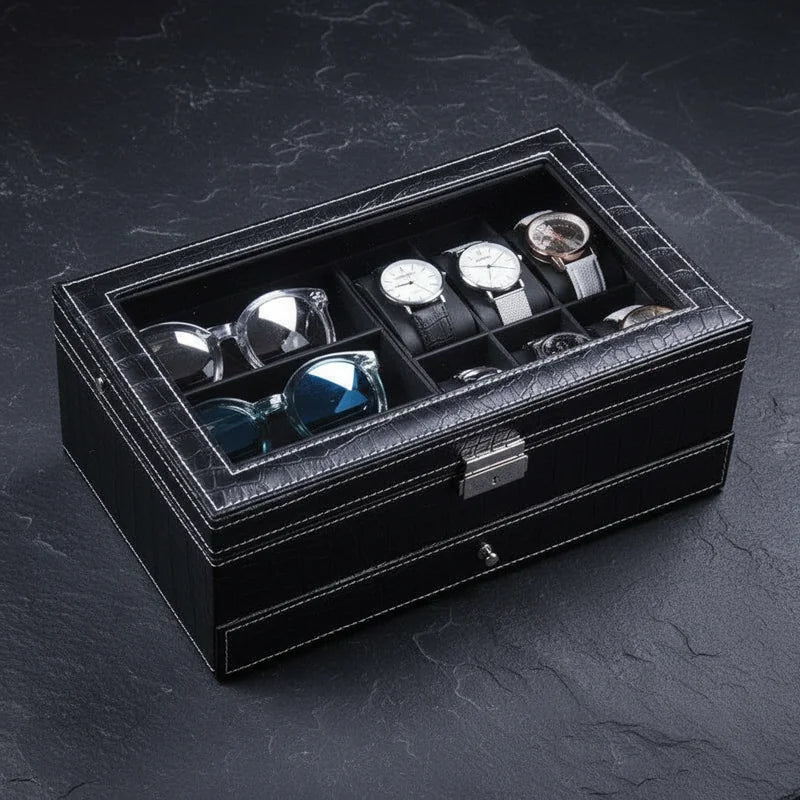 Coffret montre cuir crocodile noir 6 slots - rangement montres, en cuir | Boites Lefiguet