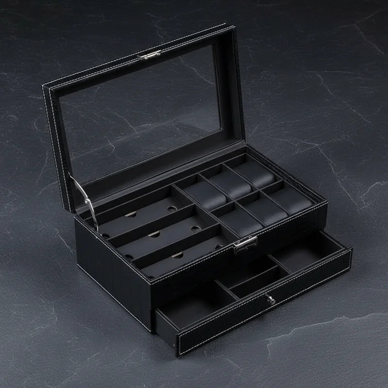 Coffret montre cuir crocodile noir 6 slots - rangement montres, en cuir | Boites Lefiguet