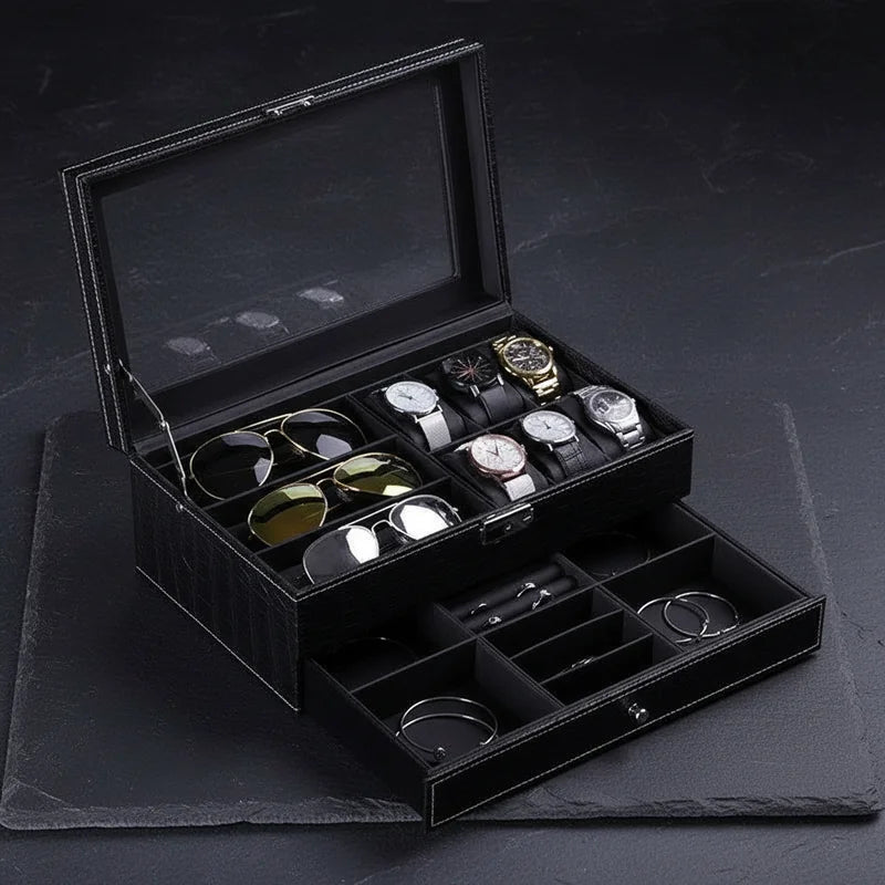 Coffret montre cuir crocodile noir 6 slots - rangement montres, en cuir | Boites Lefiguet