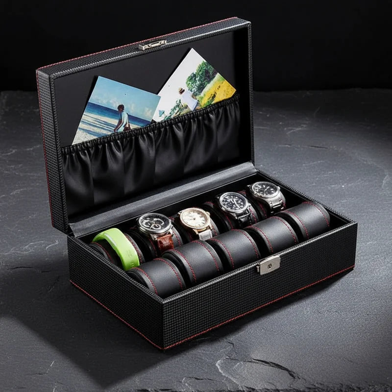 Coffret montre noir Carbone 10 slots - rangement montres | Boites Lefiguet