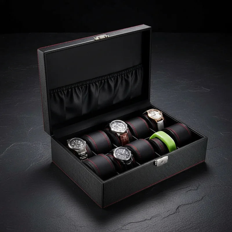 Coffret montre noir Carbone 10 slots - rangement montres | Boites Lefiguet