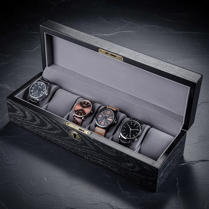 Coffret rangement 6 montres ouvert sur ardoise - Boite a montres bois noir velours Neuchatel | Boites Lefiguet