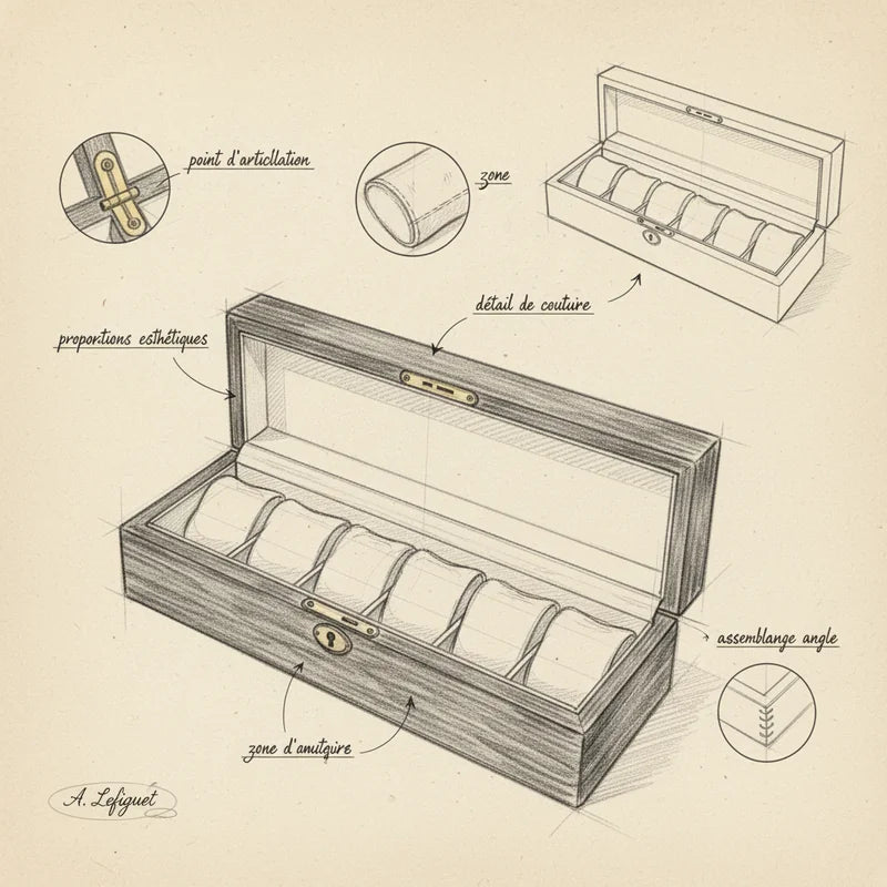 Coffret rangement 6 montres ouvert croquis artisan A. Lefiguet | Boites Lefiguet