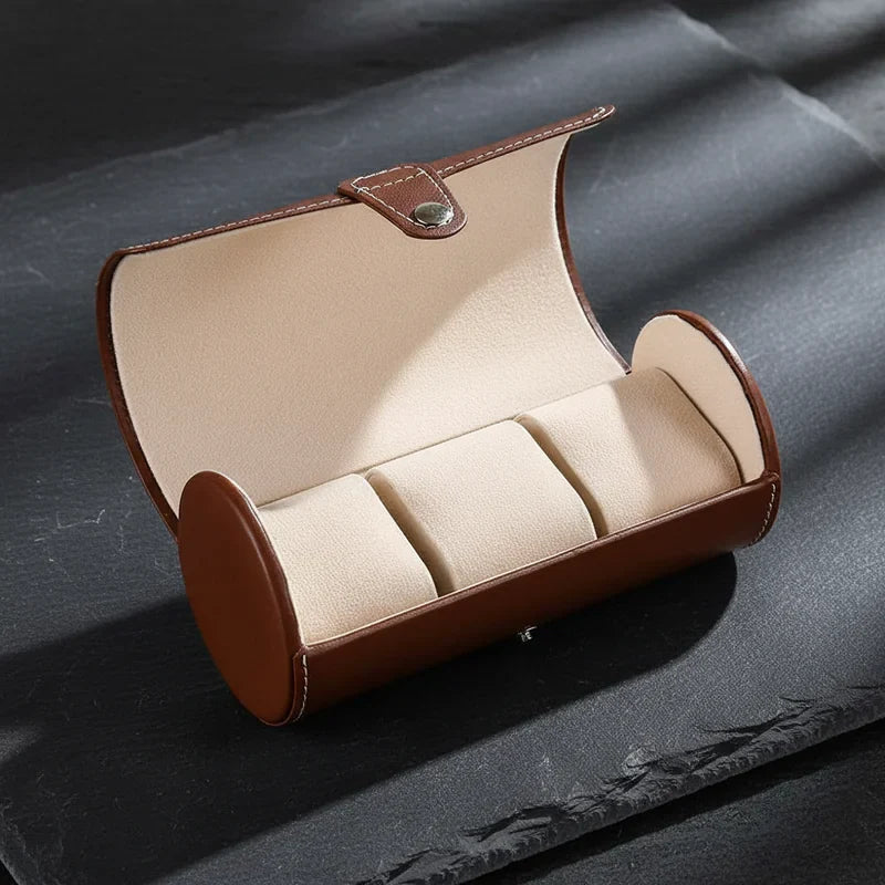 Etui montre cylindrique en cuir 3 slots - rangement montres, en cuir | Boites Lefiguet