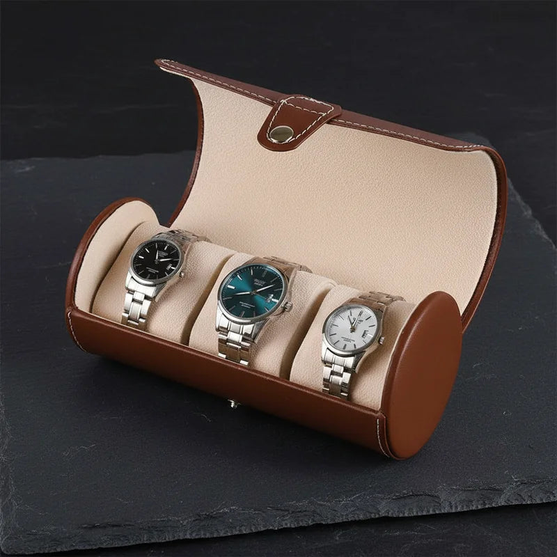 Etui montre cylindrique en cuir 3 slots - rangement montres, en cuir | Boites Lefiguet