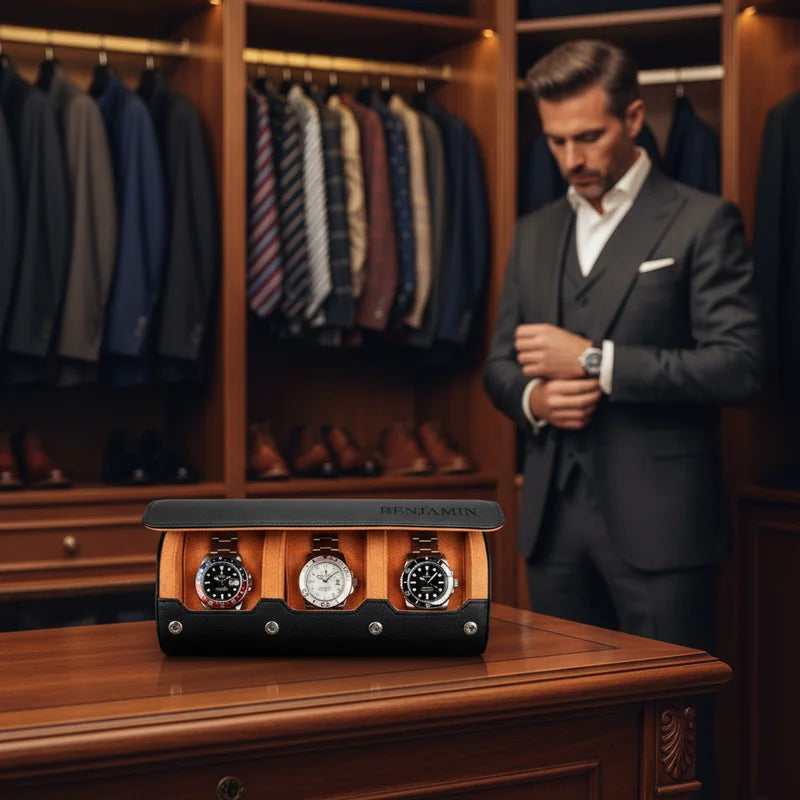 Néo - L'Étui à montres personnalisé noir et orange - Ajoutez un nom ou des initiales - lifestyle luxe | Boites Lefiguet