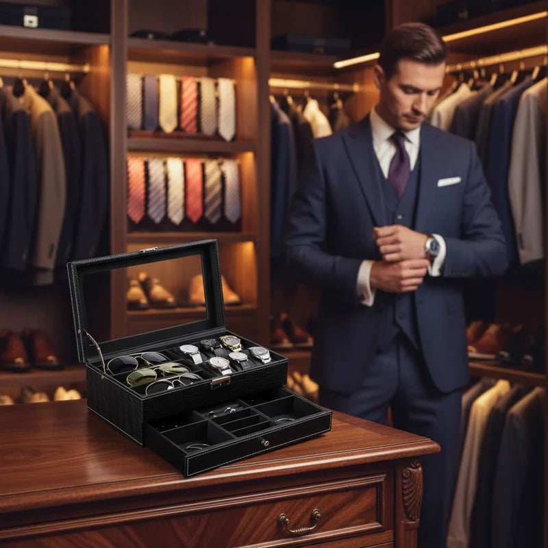 Coffret montre cuir crocodile noir 6 slots - lifestyle luxe | Boites Lefiguet