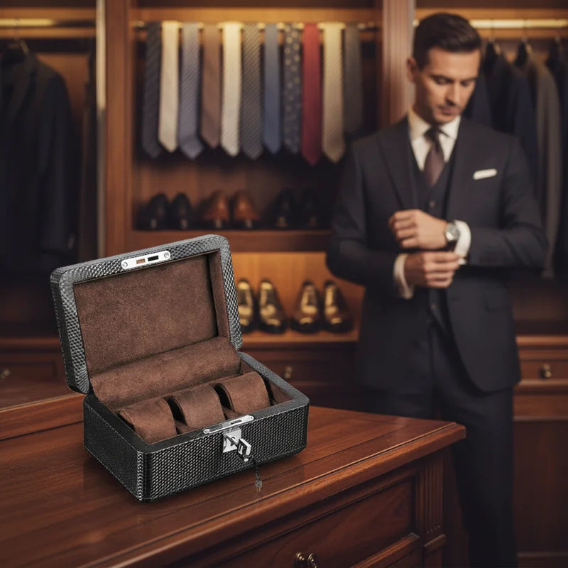 Boite a montre fibre de carbone à serrure 3 Slots - lifestyle luxe | Boites Lefiguet