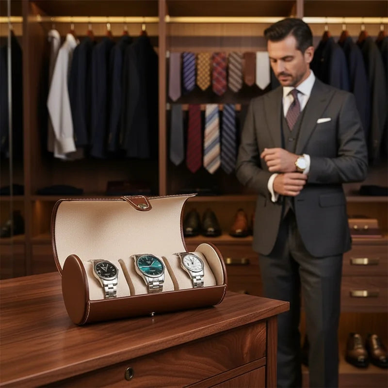 Etui montre cylindrique en cuir 3 slots - lifestyle luxe | Boites Lefiguet