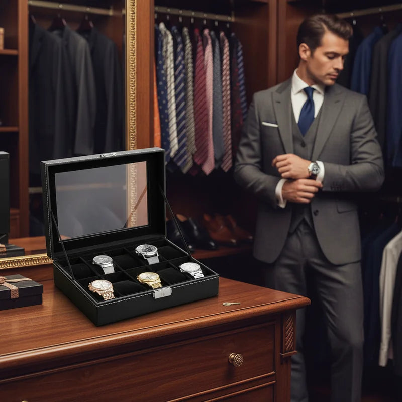 Boîte à Montre Simili Cuir Noir 10 Slots - lifestyle luxe | Boites Lefiguet