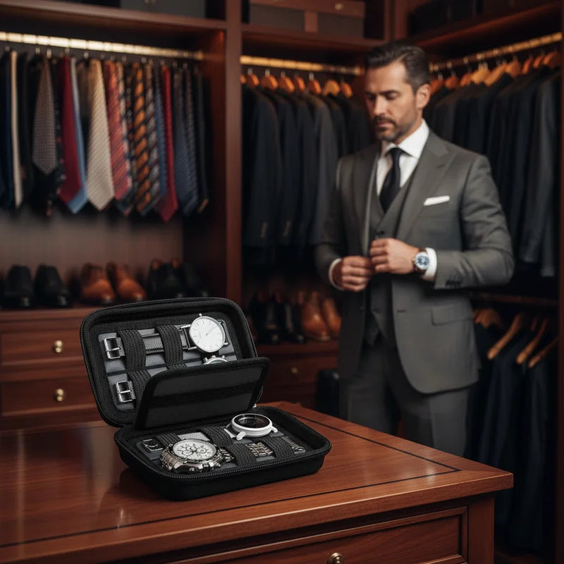 Étui de voyage pour montre noir 4 slots - lifestyle luxe | Boites Lefiguet