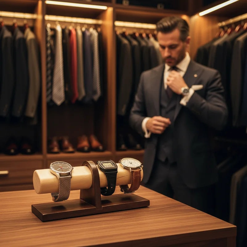 Support à montre en bois 4 slots avec gravure - lifestyle luxe | Boites Lefiguet