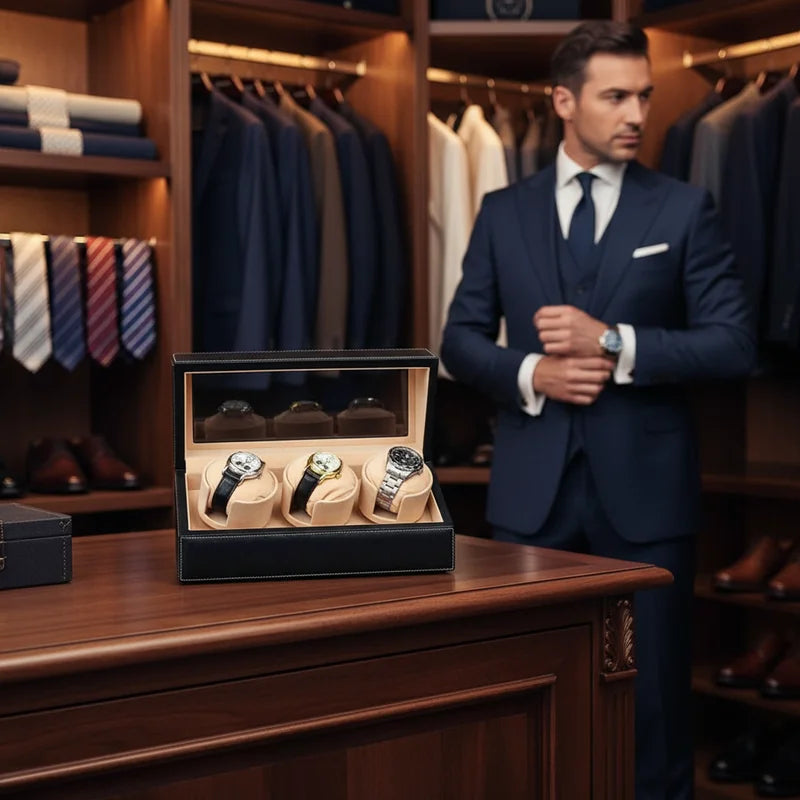 Remontoir Montre Cuir Noir 3 Slots - lifestyle luxe | Boites Lefiguet