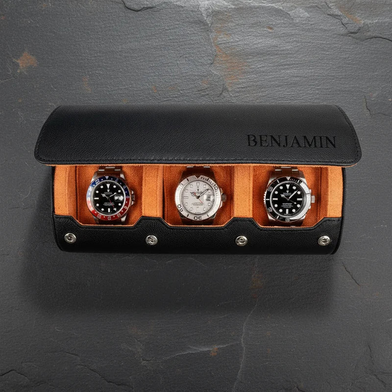 Néo - L'Étui à montres personnalisé noir et orange - Ajoutez un nom ou des initiales - rangement montres | Boites Lefiguet