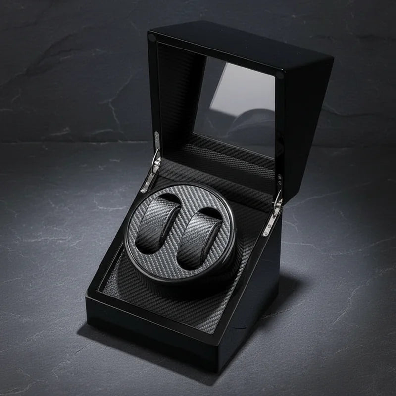 Remontoir montre automatique Black Wood 2 Slots vue plongeante - rangement montres | Boites Lefiguet