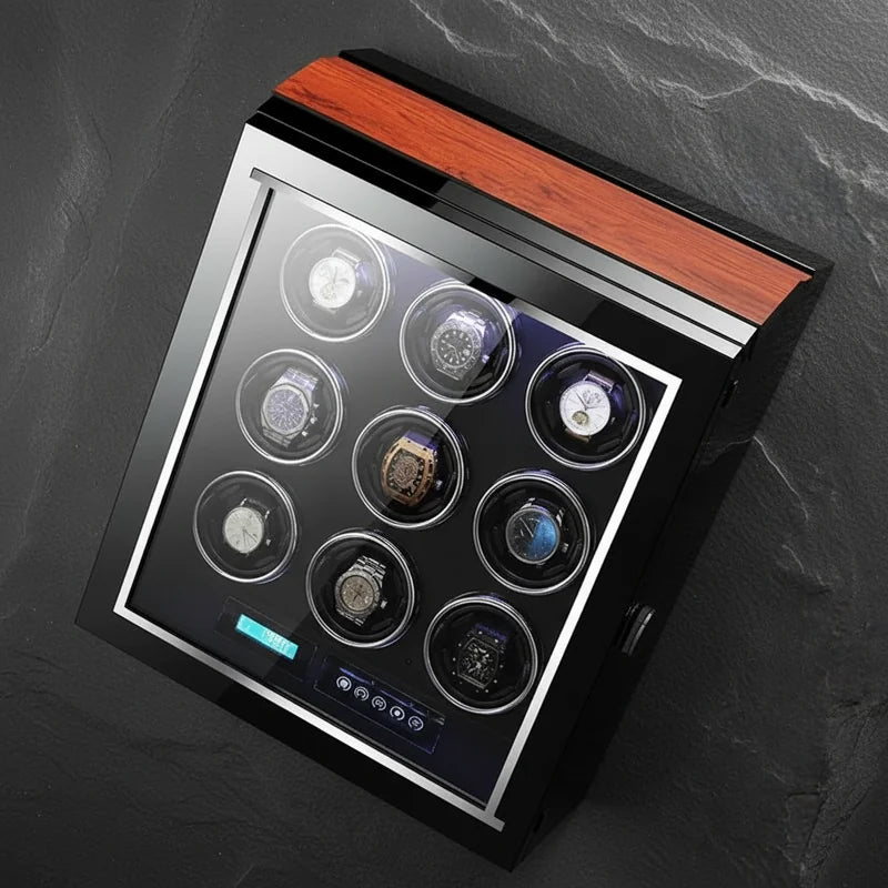 Remontoir montre automatique Bois Laqué 9 Slots vue plongeante - rangement montres | Boites Lefiguet