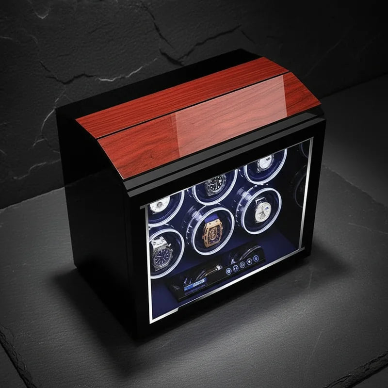 Remontoir montre automatique Bois Laqué 6 Slots vue plongeante - rangement montres | Boites Lefiguet