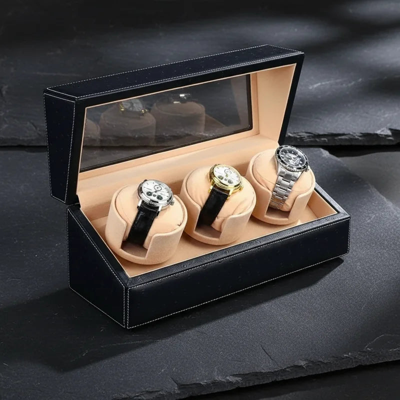 Remontoir Montre Cuir Noir 3 Slots - rangement montres, en cuir | Boites Lefiguet